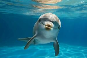 neugierig Delfin im Aquarium Blicke direkt in Ihre Augen ai generiert foto