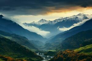 europa svaneti Region, ein nebelig Berg bestehen im das Kaukasus ai generiert foto