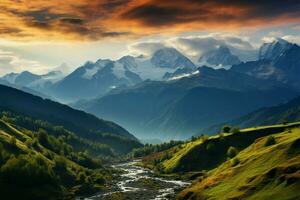 europa svaneti Region, ein nebelig Berg bestehen im das Kaukasus ai generiert foto