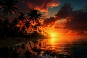 ein lebendig Illustration von ein tropisch Strand Sonnenuntergang mit Kokosnuss Palme ai generiert foto