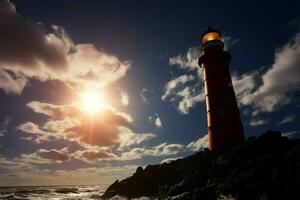 führen Licht durch das Ufer ein auffällig Aussicht von das Leuchtturm ai generiert foto