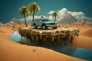 innovativ Reise Konzept 3d Wüste, aus Straße Design, und Palme Bäume ai generiert foto
