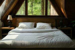 Lanna Stil Schlafzimmer mit Teak Bett, einladend Weiß Bettwäsche im hölzern Haus ai generiert foto