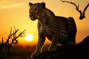 majestätisch Leopard im das golden glühen von ein atemberaubend Sonnenaufgang ai generiert foto