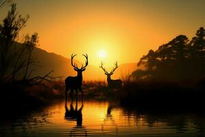 Wiesen Ruhe ein Hirsch Silhouette umarmt Tierwelt Erhaltung Prinzipien ai generiert foto