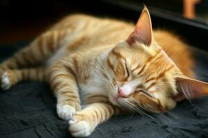 bezaubernd Katze Nickerchen auf das Teppich, symbolisieren Universal- Haustier Liebe ai generiert foto