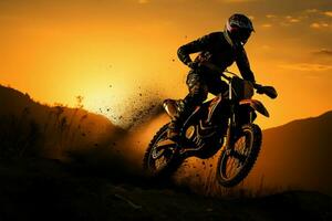 Adrenalin Pumpen Moto-Cross Silhouette mit Vorderseite Rad angehoben, Aktion verpackt Abenteuer ai generiert foto