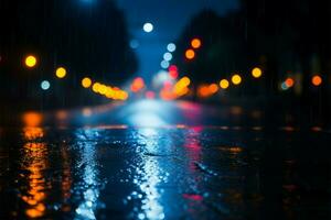 Regen geschmiert Straßen beim Nacht, ein Autos Perspektive auf das Reise ai generiert foto