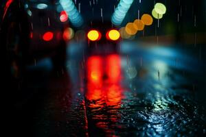 Regen geschmiert Straßen beim Nacht, ein Autos Perspektive auf das Reise ai generiert foto