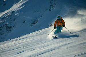 Skifahrer navigieren das makellos Schnee bedeckt Pisten von das majestätisch Alpen ai generiert foto
