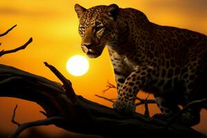 Sonnenaufgang leuchtet das Regal Gegenwart von ein herumstreifen Leopard ai generiert foto