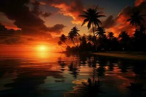 tropisch Strand Sonnenuntergang Kunst mit Kokosnuss Palme und faszinierend Meer Betrachtung ai generiert foto