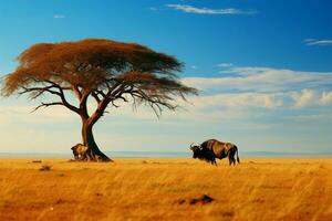 Gnus und Baum Naturen harmonisch Szene im das Savanne ai generiert foto