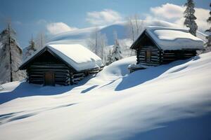 Winter Kabine ein rustikal Hütte steht gegen ein makellos Schneelandschaft ai generiert foto