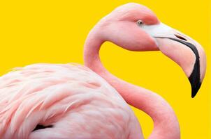 sonnig Gelb Hintergrund zum Rosa Flamingo, ai generiert foto