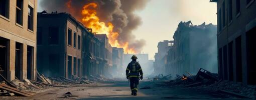 dramatisch städtisch Landschaft, Feuerwehrmann im Ruinen, ai generiert foto