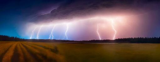 Natur Licht zeigen, Panorama von Blitz im Landschaft, ai generiert foto