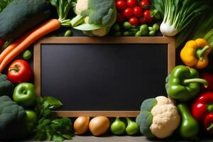 frisch Gemüse mit Tafel auf hölzern Tisch. gesund Essen Hintergrund., Welt vegan Tag, ai generiert foto