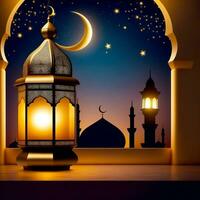 eid al fitr Halbmond Mond Über Moschee, ai generiert foto
