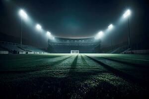 leeren Stadion beim Nacht, fesselnd nachtaktiv Veranstaltungsort, ai generiert foto