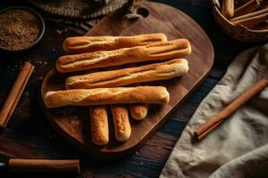 Lager Foto von Brot Stock im Küche Tabelle eben legen ai generiert