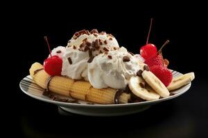 Banane Teilt mit Schokolade Soße und Kirschen ai generiert foto