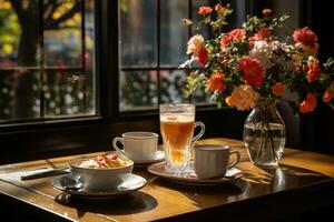 Frühstück im ein Cafe Atmosphäre Fachmann Werbung Fotografie ai generiert foto