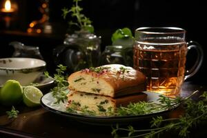 Frühstück mit Brot und ein Tasse von Tee Fachmann Essen Fotografie ai generiert foto