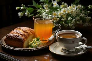 Frühstück mit Brot und ein Tasse von Tee Fachmann Essen Fotografie ai generiert foto