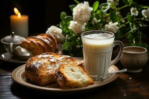 Frühstück mit Brot und ein Tasse von Milch Fachmann Essen Fotografie ai generiert foto