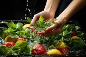 Hand Waschen organisch Früchte und Gemüse Fachmann Essen Fotografie ai generiert foto