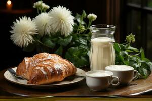 Frühstück mit Brot und ein Milch von Kaffee Fachmann Essen Fotografie ai generiert foto