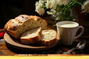 Frühstück mit Brot und ein Tasse von Kaffee Fachmann Essen Fotografie ai generiert foto