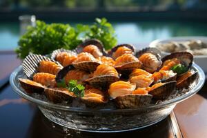 Abalonen Marine Schnecken frisch Gericht Fachmann Werbung Essen Fotografie ai generiert foto
