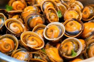 Abalonen Marine Schnecken frisch Gericht Fachmann Werbung Essen Fotografie ai generiert foto
