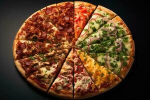 Scheibe Pizza eben legen oben Aussicht Licht Hintergrund Fachmann Werbung Essen Fotografie ai generiert foto