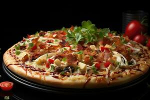 Scheibe Pizza eben legen oben Aussicht Licht Hintergrund Fachmann Werbung Essen Fotografie ai generiert foto