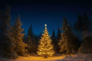 eisig Nacht Freude, Wald Weihnachten Baum, ai generiert foto