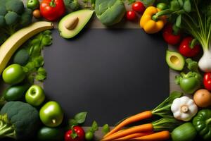 frisch Gemüse und Früchte mit schwarz Tafel auf hölzern Tisch, oben Sicht, Welt vegan Tag, ai generiert foto