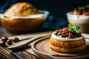 ein Dessert mit Sahne und Beeren auf ein hölzern Platte. KI-generiert foto