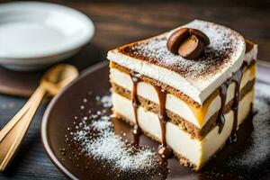 ein Stück von Kuchen mit Sahne und Schokolade. KI-generiert foto