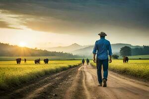ein Mann Gehen Nieder ein Schmutz Straße mit Kühe im das Hintergrund. KI-generiert foto