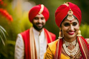 ein schön indisch Braut und Bräutigam im traditionell Kleidung. KI-generiert foto