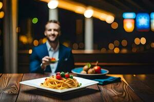 ein Mann im ein passen Sitzung beim ein Tabelle mit ein Teller von Pasta. KI-generiert foto