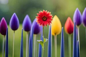 ein Single rot Blume ist Stehen im Vorderseite von ein Gruppe von bunt Blumen. KI-generiert foto