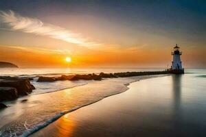 ein Leuchtturm steht auf das Ufer von ein Strand beim Sonnenuntergang. KI-generiert foto