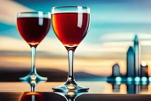 zwei Brille von rot Wein auf ein Tabelle im Vorderseite von ein Stadt Horizont. KI-generiert foto
