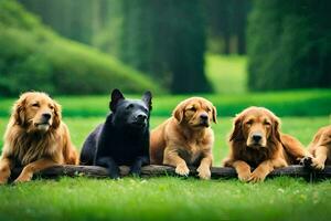fünf Hunde Sitzung auf ein Log im das Gras. KI-generiert foto