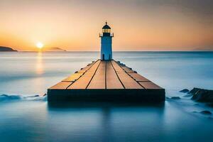 ein Leuchtturm beim Sonnenuntergang mit ein hölzern Seebrücke. KI-generiert foto