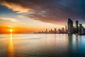 das Sonne setzt Über das Stadt Horizont im Dubai. KI-generiert foto